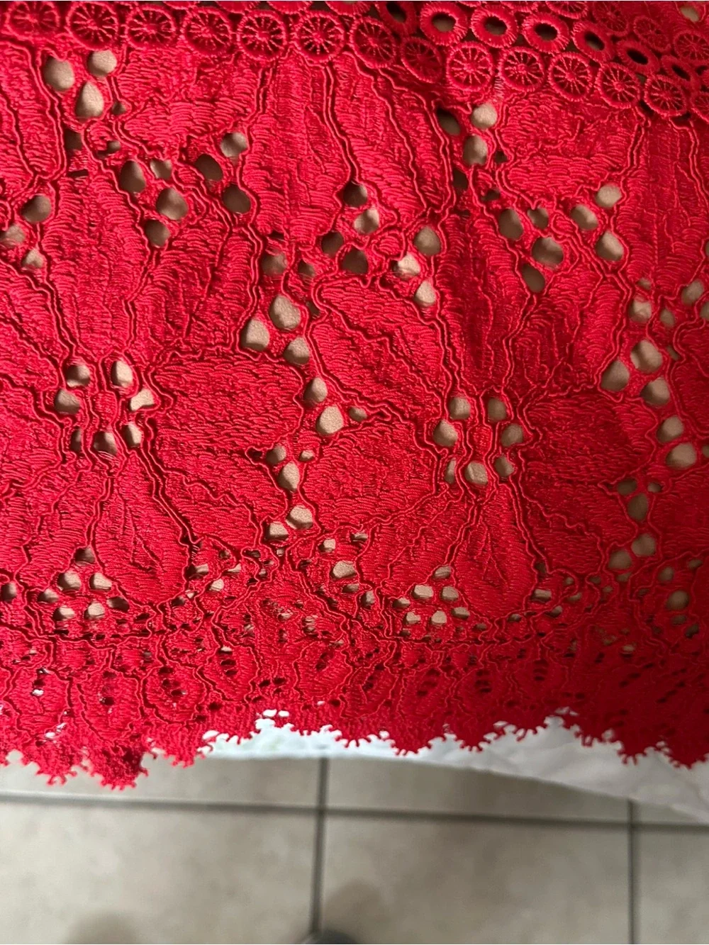 Michael Kors Red Floral Lace Midi Dress with Waist Trim